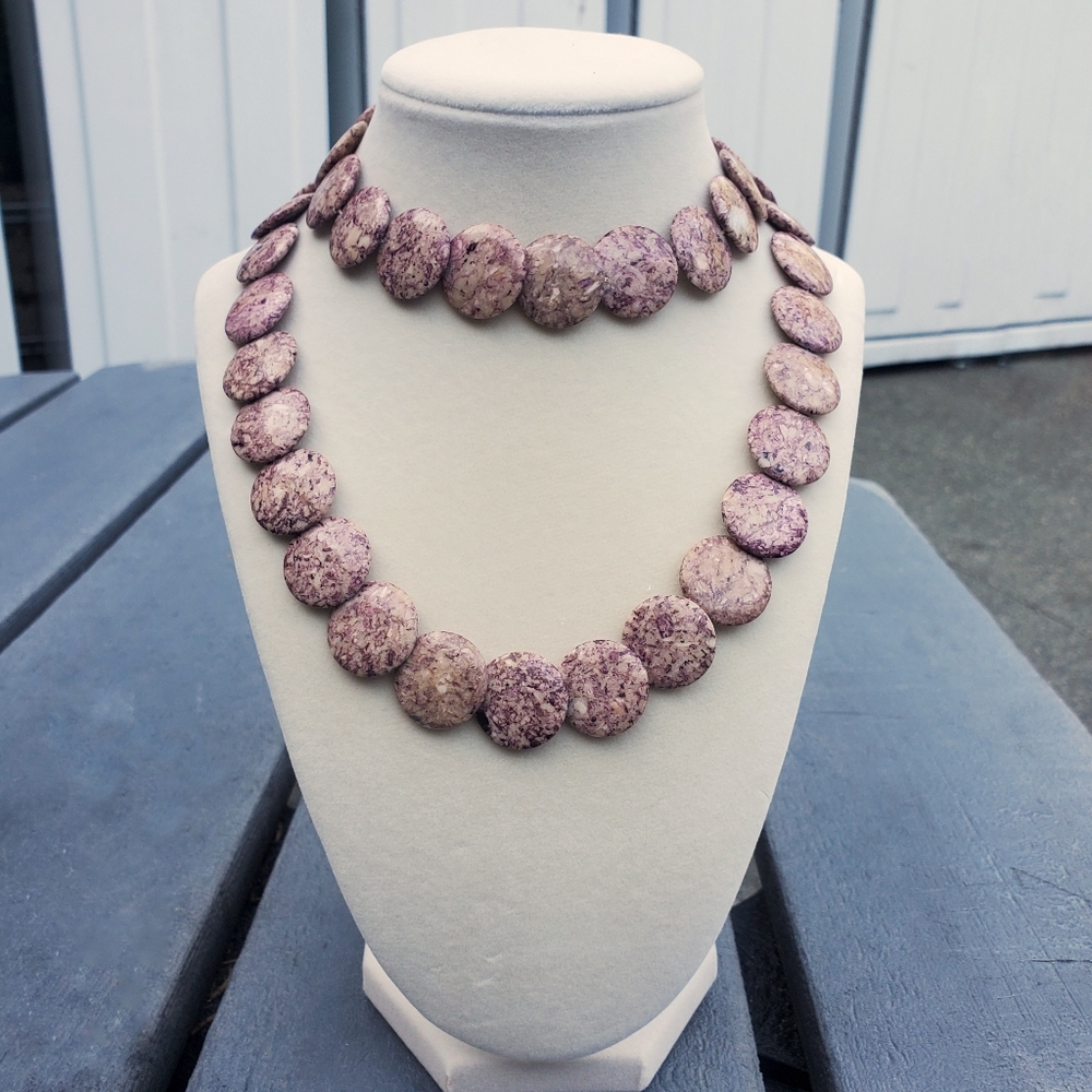 Statement Necklace Rhodonite Flat Circular Bead - image 1